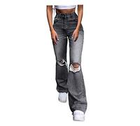 High Waisted Dark Ripped Womens Jeans Plus Size Ladies Slim Fit Boyfriend Juniors Wide Leg Bell Bottom Flared Bootcut Jeans with Pockets Grey
