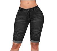 High Waisted Denim Shorts Women Knee Length Stretch Jean Shorts Slim Fit Smart Fitted Lightweight Casual Holiday Patchwork Zip Off Capri Pants Rolled-Up Hem Summer Loose Bermuda Shorts Black