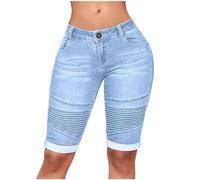 High Waisted Denim Shorts Women Knee Length Stretch Jean Shorts Slim Fit Smart Fitted Lightweight Casual Holiday Patchwork Zip Off Capri Pants Rolled-Up Hem Summer Loose Bermuda Shorts