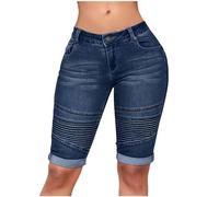 High Waisted Denim Shorts Women Knee Length Stretch Jean Shorts Slim Fit Smart Fitted Lightweight Casual Holiday Patchwork Zip Off Capri Pants Rolled-Up Hem Summer Loose Bermuda Shorts Dark Blue