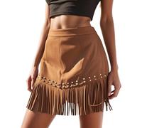 High-Waisted Fringed Hem Suede Skirt for Women - Studded with Rivets - Plain Coloured Slim wrap Skirt - Side Zip Fastening - Retro Western Hippie Costume - for Halloween, Carnival Brown