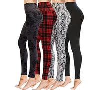 High Waisted Full Length Workout Not See Through Leggings Capri Shorts Soft Stretchy(L-XL, 4 Pack (Black Skulls, Red Plaid, Snake, Black))