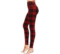High Waisted Full Length Workout Not See Through Leggings Capri Shorts Soft Stretchy(L-XL, Red Plaid)