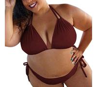 High Waisted G String Bikini Set, Plus Size Breathable Beachwear, Back Braided Straps Lace up Women Racer Back Bikini Top with V Cross Bottom Sale Holiday Essentials for Women Wine