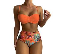High Waisted Ladies Bikini Sets, 2 Piece Breathable Beachwear, Halter Neck Women's Printed/Solid Two Piece Bikini Women's Sports 2 Piece Swimsuit Warehouse Clearance Camping Red