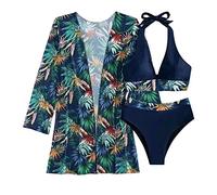 High Waisted Ladies Bikini Sets, Plus Size Bikini Swimsuit, Halter Neck Women Vintage Underwire Swimsuit Three Pieces Halter Ruched Bikini Warehouse Clearance Travel Essentials Women Blue