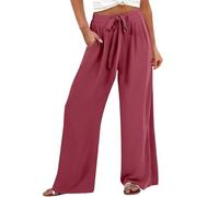 High Waisted Trousers for Women Dressy Wide Leg Tie Knot Loose Flowy Summer Beach Trouser Casual Plus Size Drawstring Waist Lightweight Slacks with Pockets Ladies Office Business Workwear Red
