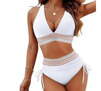 High Waisted Tummy Control Bikini Set, V-Neck Patchwork Bikini 2-Piece Set, Swimsuit for Women, Sexy & Trendy (White,S)
