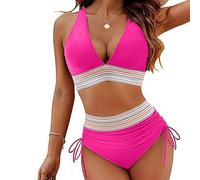 High Waisted Tummy Control Bikini Set, V-Neck Patchwork Bikini 2-Piece Set, Swimsuit for Women, Sexy & Trendy (Rose red,XXL)