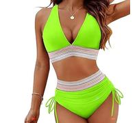 High Waisted Tummy Control Bikini Set, V-Neck Patchwork Bikini 2-Piece Set, Swimsuit for Women, Sexy & Trendy (Fluorescent Yellow,XL)