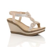 High Wedge Heel Diamante T-Bar Slingback Sandals AJVANI Beige 6