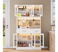 High White Cabinet with 6 Doors 3 Drawers LED Lighting Tall Buffet rage Unit MultiFunctional CredenzaDining RoomDisplay Showcase