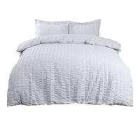 Highams Seersucker Superking Duvet Set, Super Soft Cosy Warm Luxurious Plain Dye Textured Ruffled Seersucker Quilt Superking Bedding Set with Pillowcases, White