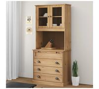 Highboard Brown Solid Pine Wood 80x40x176 cm Glass Doors Shutter Design Drawers
