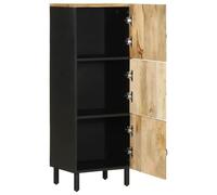 Highboard Made of Rough Mango Wood 40 x 33.5 x 110 cm with 3 Doors, Black Solid Wood Furniture, Living Room Storage Sideboard, Modern Design with Metal Legs, Space-Saving and Robust