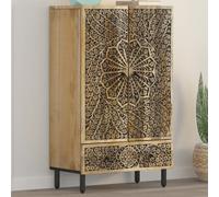 Highboard Natural Wood 60x33x100 cm Solid Mango Wood Retro Carved Floral Cabinet