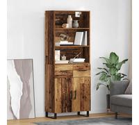 Highboard Old Wood 69.5x32.5x180cm Engineered Wood 2 Drawers 2 Doors Black Legs