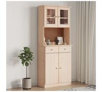 Highboard Solid Pine Wood Natural 77x35x188 cm Glass Doors Rustic Storage Knobs