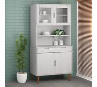 Highboard Top White Solid Pinewood UV Varnish 90x35x100 cm 3-Shelf Glass Extra