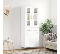 Highboard White 69.5x34x180cm Engineered Wood 4 Glass-panel Doors Gold Legs Slim