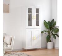 Highboard White Engineered Wood Metal Glass 69.5x34x180 cm Storage Modern Slim.