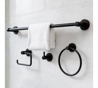 HIGHCRAFT 4-Piece Bathroom Accessory Set, Matte Black - 24-Inch Towel Bar, Towel Ring, Robe Hook & Toilet Paper Holder