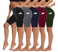 HIGHDAYS 5 Pack Biker Shorts with Pockets for Women - 5"/8" High Waist Spandex Workout Yoga Running Athletic, Black/Grey/Navy/Wine/Olive-pockets, S-M