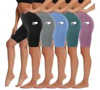 HIGHDAYS 5 Pack Biker Shorts with Pockets for Women - 5"/8" High Waist Spandex Workout Yoga Running Athletic, Black/Light Grey/Blue/Ins Green/Pink-pockets, L-XL