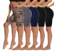 HIGHDAYS 5 Pack Biker Shorts Women - 5"/8" High Waist Spandex Workout Yoga Running Athletic, Black/Black/Grey/Navy/Leopard, L-XL