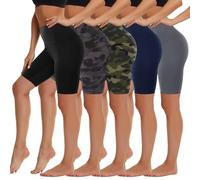 HIGHDAYS 5 Pack Biker Shorts Women - 5"/8" High Waist Spandex Workout Yoga Running Athletic, Black/Grey/Navy/Black Print/Camo, L-XL