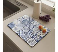 Highdi 2pc Draining Board Mats for Counter, Kitchen Super Dish Draining Mat for Folk Style Print, Fast-Drying Dishes Drainer Mat, Non-Slip Rubber for Coffee Mat (30x50cm,Blue)
