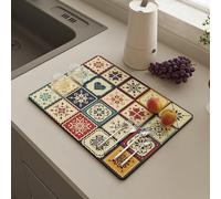 Highdi 2pc Draining Board Mats for Counter, Kitchen Super Dish Draining Mat for Folk Style Print, Fast-Drying Dishes Drainer Mat, Non-Slip Rubber for Coffee Mat (40x50cm,Plaid)