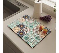 Highdi 2pc Draining Board Mats for Counter, Kitchen Super Dish Draining Mat for Folk Style Print, Fast-Drying Dishes Drainer Mat, Non-Slip Rubber for Coffee Mat (50x60cm,Colourful)