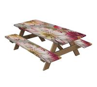 Highdi 3 Piece Set Picnic Table Cover with Bench Covers, Waterproof Rectangular Elastic Fitted Tablecloth Wipeable Table Cover for Indoor Outdoor Camping (30 * 72 inch,Roses Flowers)