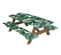 Highdi 3 Piece Set Picnic Table Cover with Bench Covers, Waterproof Rectangular Elastic Fitted Tablecloth Wipeable Table Cover for Indoor Outdoor Camping (30 * 72 inch,green leaves 4)