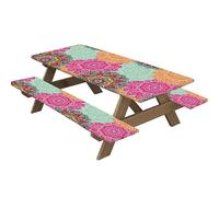 Highdi 3 Piece Set Picnic Table Cover with Bench Covers, Waterproof Rectangular Elastic Fitted Tablecloth Wipeable Table Cover for Indoor Outdoor Camping (30 * 72 inch,kaleidoscope 11)