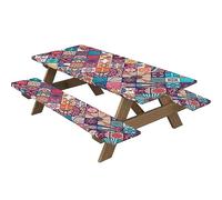 Highdi 3 Piece Set Picnic Table Cover with Bench Covers, Waterproof Rectangular Elastic Fitted Tablecloth Wipeable Table Cover for Indoor Outdoor Camping (30 * 72 inch,kaleidoscope 10)