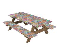 Highdi 3 Piece Set Picnic Table Cover with Bench Covers, Waterproof Rectangular Elastic Fitted Tablecloth Wipeable Table Cover for Indoor Outdoor Camping (30 * 72 inch,kaleidoscope 8)