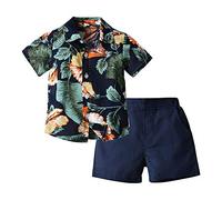 Highdi Baby Boys Kids Beach Style Shirt and Shorts Sets, Summer Button Tropical Plant Print Top + Casual Shorts Outfits 2pcs for 1-6Years Birthday Vacation Holiday Party (Dark Blue,110cm)