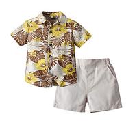 Highdi Baby Boys Kids Beach Style Shirt and Shorts Sets, Summer Button Tropical Plant Print Top + Casual Shorts Outfits 2pcs for 1-6Years Birthday Vacation Holiday Party (Khaki,90cm)