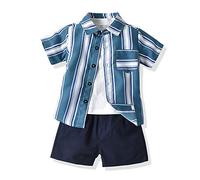 Highdi Baby Boys Kids Shirt and Shorts Sets 3pcs, Summer Casual Striped Plaid Button Top + Plain T-Shirt + Shorts Outfits for 1-6 Years Birthday Vacation Holiday Party (130cm,Blue Stripes)