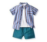 Highdi Baby Boys Kids Shirt and Shorts Sets 3pcs, Summer Casual Striped Plaid Button Top + Plain T-Shirt + Shorts Outfits for 1-6 Years Birthday Vacation Holiday Party (130cm,Blue Stripes B)