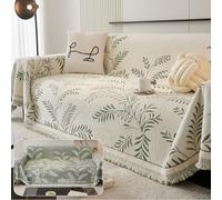 Highdi Chenille Sofa Throws Blanket for 1/2/3/4 Seater, Reversible Nordic Leaves Pattern Soft Large Decorative Tassel Throw Blanket Sofa Cover for Chair Settees Bed Armchair (Green,180x340cm)