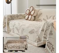 Highdi Chenille Sofa Throws Blanket for 1/2/3/4 Seater, Reversible Nordic Leaves Pattern Soft Large Decorative Tassel Throw Blanket Sofa Cover for Chair Settees Bed Armchair (Khaki,180x230cm)