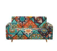 Highdi Mandala Sofa Cover 1/2/3/4 Seater, Patchwork Sofa Slipcover Stretch Washable Furniture Protector Non Slip Sofa Covers for Loveseat Couch Sofa (3 Seater,Orange Bohemia)