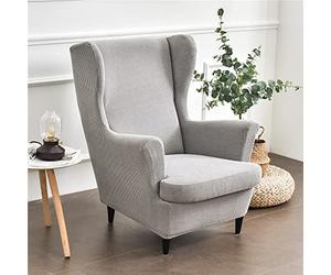 Highdi Plain Jacquard Wingback Chair Armchair Covers 2-Piece High Stretch Wing Chair Slipcover, Removable Armchair Cover Furniture Protector for Livingroom Bedroom (Light Grey)