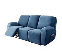 Highdi Recliner Covers with Pockets, Solid Color Velvet Recliner Chair Slipcovers, Polyester Spandex Furniture Protector, Non Slip Armchair Sofa Cover for Living Room (Royal blue,3 seater)