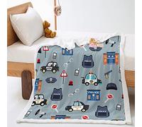 Highdi Sherpa Fleece Blanket Cartoon Car Print Throw Blanket for Bed and Sofa Couch, Kawaii Warm Double Layer Plush Blanket Microfiber Soft Blanket (150x200cm,Police car)