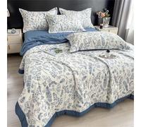 Highdi Summer Floral Print Reversible Bed Throws Quilted Bedspreads,Lightweight Patchwork Quilt Comforter Single Double,Cotton Throw Summer Quilt,Quilted Blanket All Seasons (Blue,150x200cm)