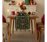 Highdi Table Runner Handmade Table Decorations Table Runners with Tassels Christmas Tablerunner for Home Dining, Party, Banquet, Restaurant & Outdoors (green leaves,35x220cm)